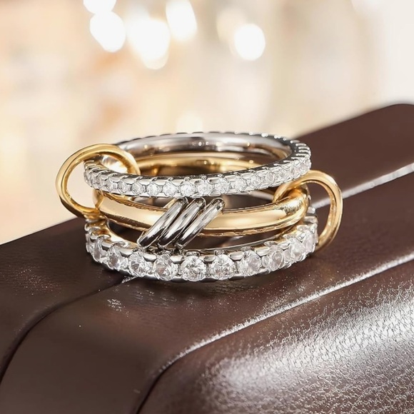 Dainty Stacked Gold and Silver Interlocking Ring 18k gold luxury look designer … - Picture 2 of 3